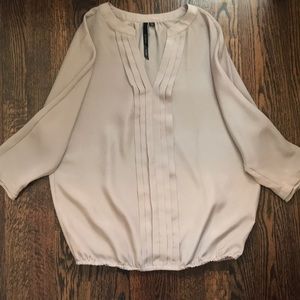 Tan Flowy Silk Blouse. Loose Elastic Waist.
